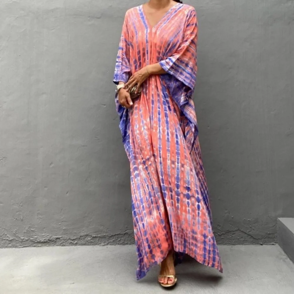 Pink Boho Tie Dye Kaftan Kimono Coverup Dress - Picture 5 of 5